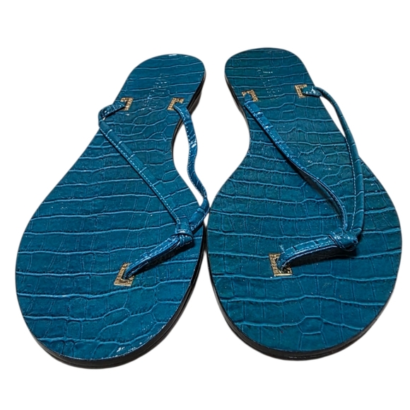 Lauren Ralph Lauren Teal Croc-Embossed Thong Sandals with Gold Accents - Picture 2 of 10